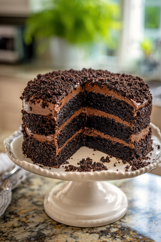 Pinterest pin of an easy chocolate blackout cake recipe with homemade chocolate pudding filling