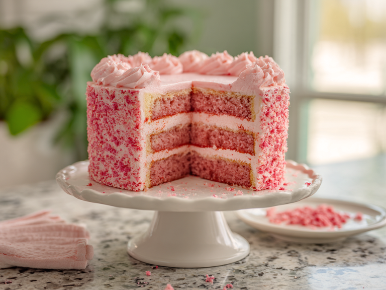 Strawberry crunch cake with pink layers and a crunchy strawberry cookie coating on a white cake stand