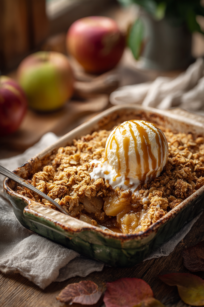 Pinterest pin of an easy caramel apple crisp recipe with oat crumble topping