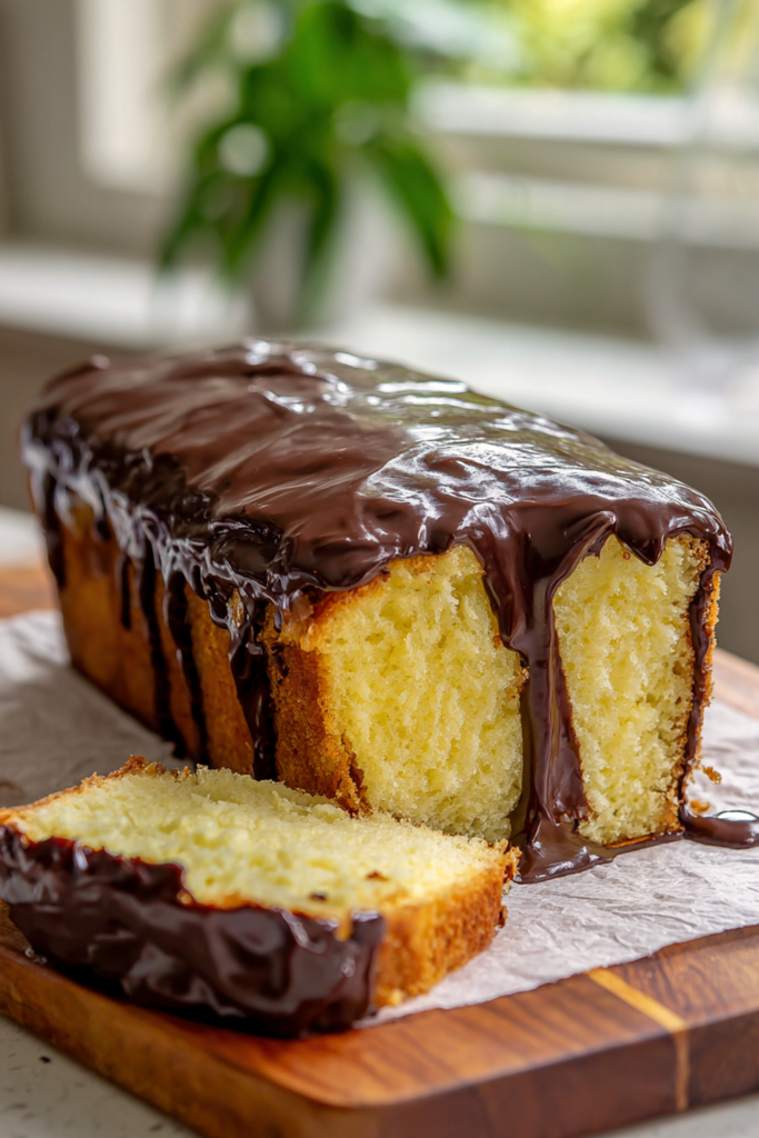 Pinterest pin of an easy Boston cream poke cake recipe with homemade vanilla custard