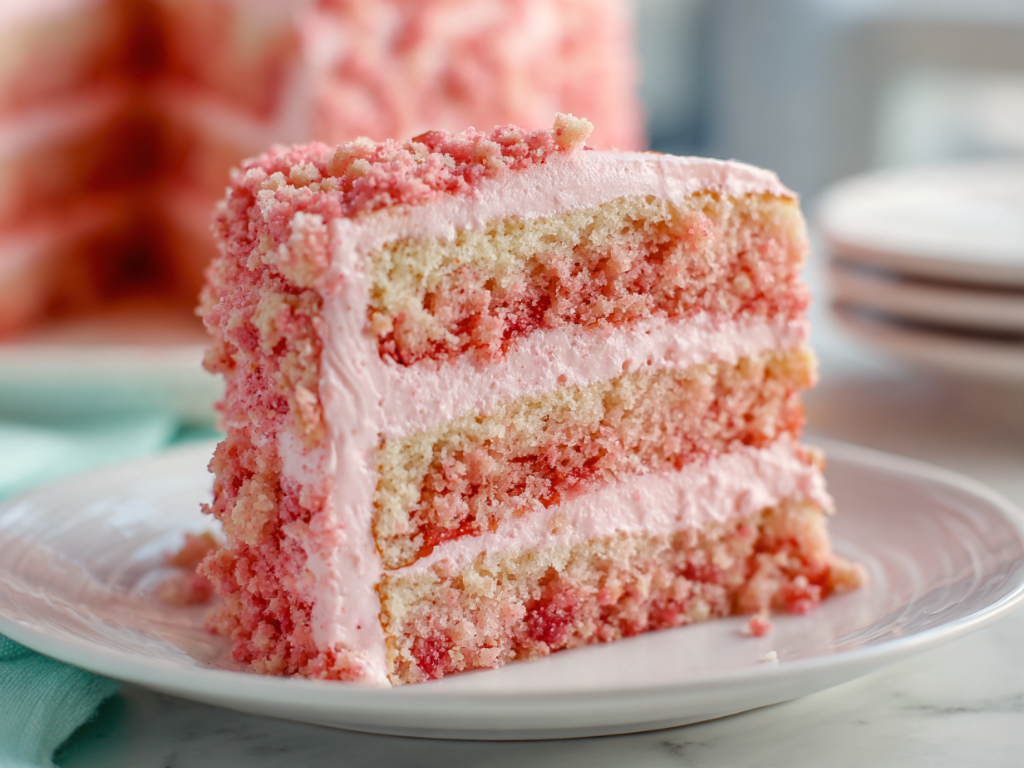 Slice of strawberry crunch cake showing pink layers, strawberry frosting and crunchy topping