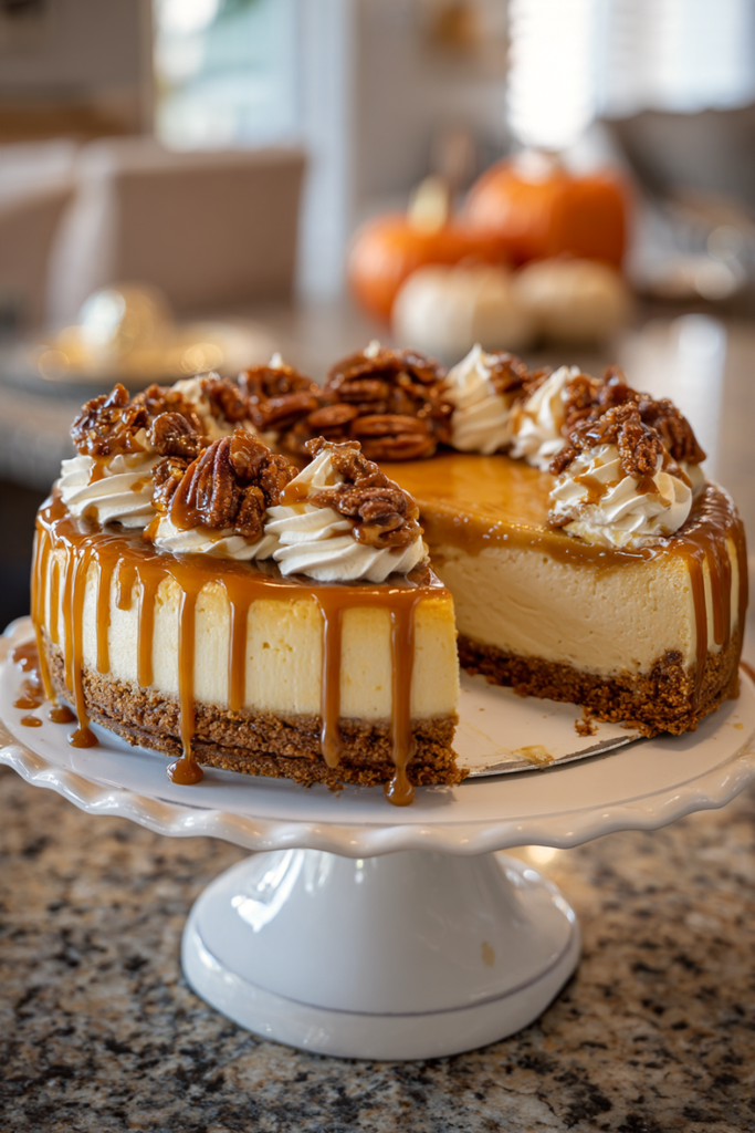 Pinterest pin of an easy pumpkin cheesecake recipe with gingersnap crust and caramel drizzle
