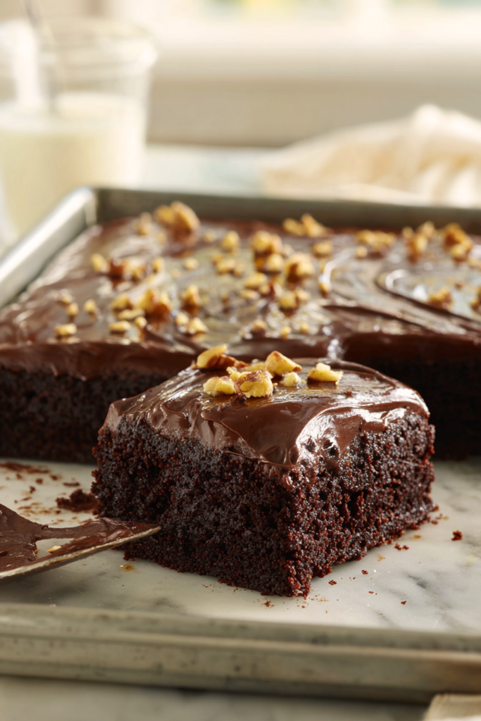 Pinterest pin of an easy Southern Coca Cola cake recipe with chocolate fudge frosting