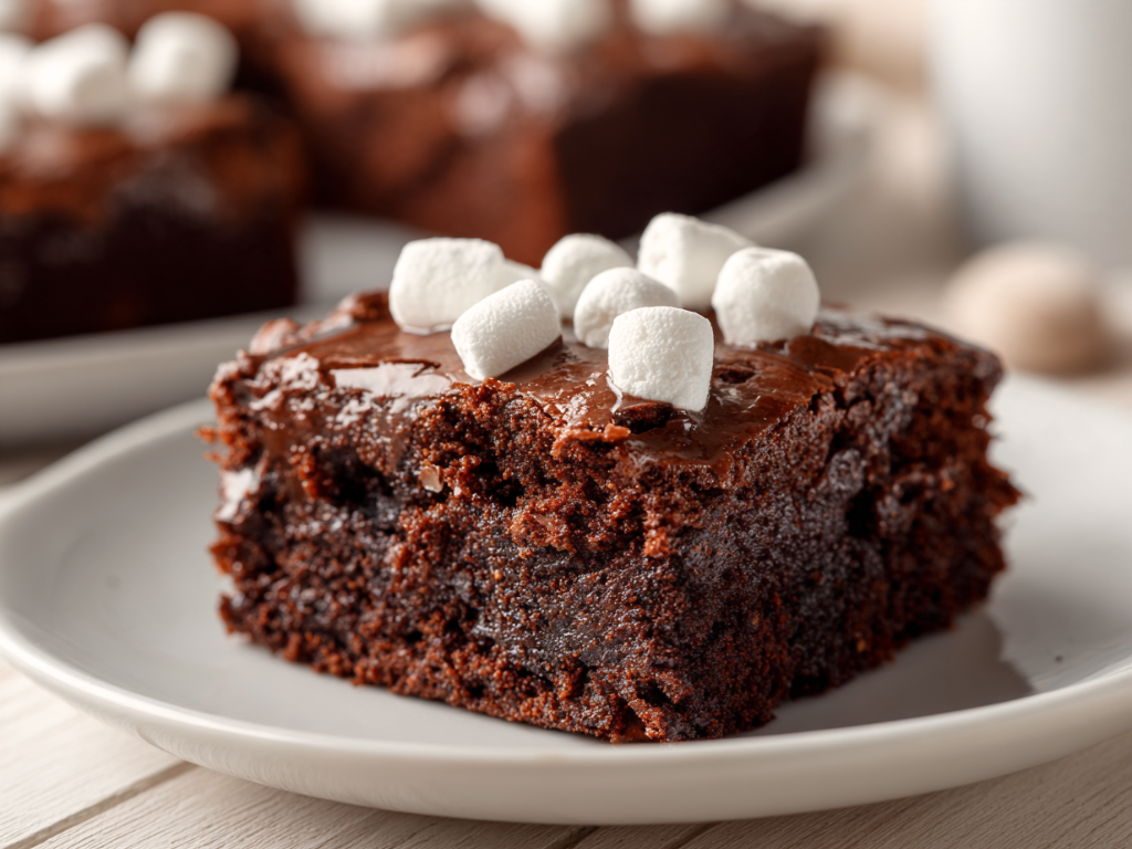 Slice of Coca Cola cake showing the moist chocolate crumb and fudgy marshmallow frosting