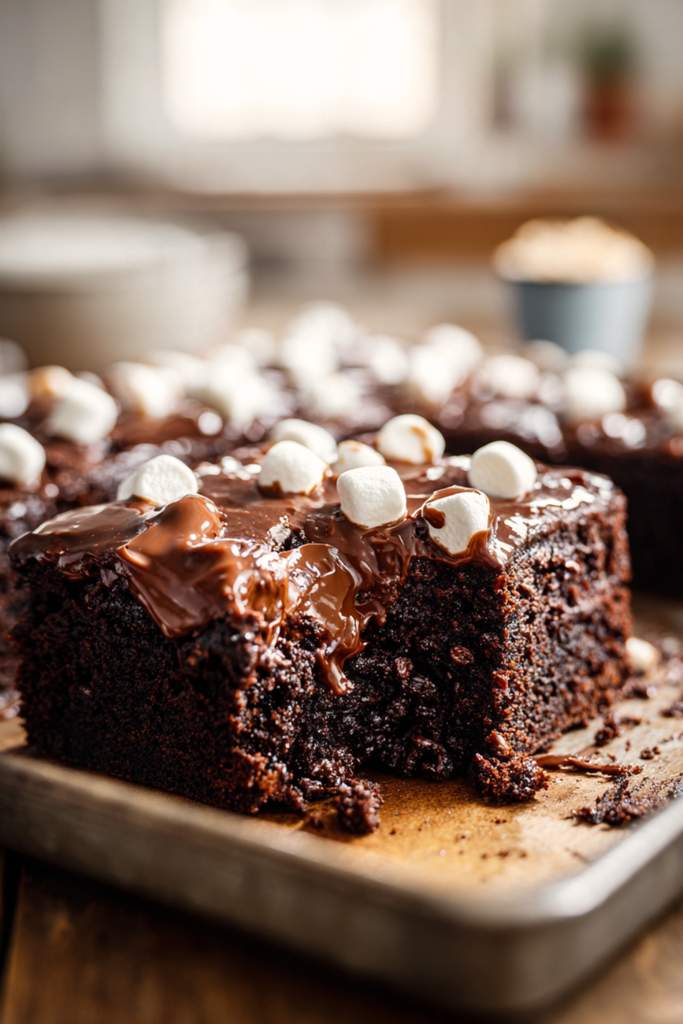 Pinterest pin of an easy Texas sheet cake recipe with warm fudge frosting and pecans