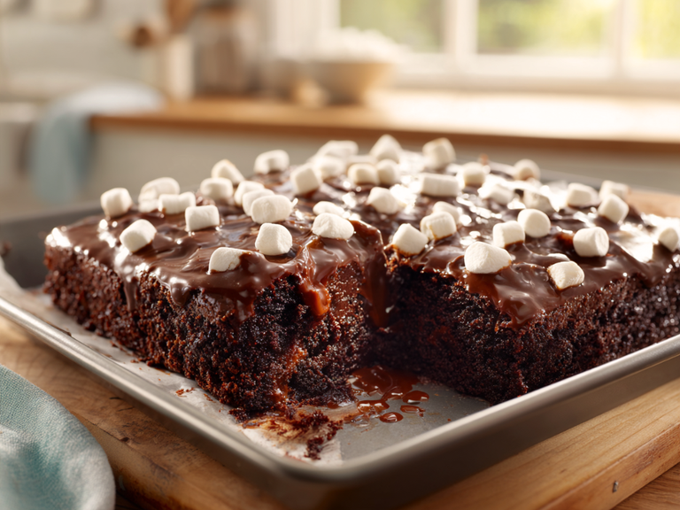 Southern Coca Cola cake with fudge frosting and melted mini marshmallows in a baking pan