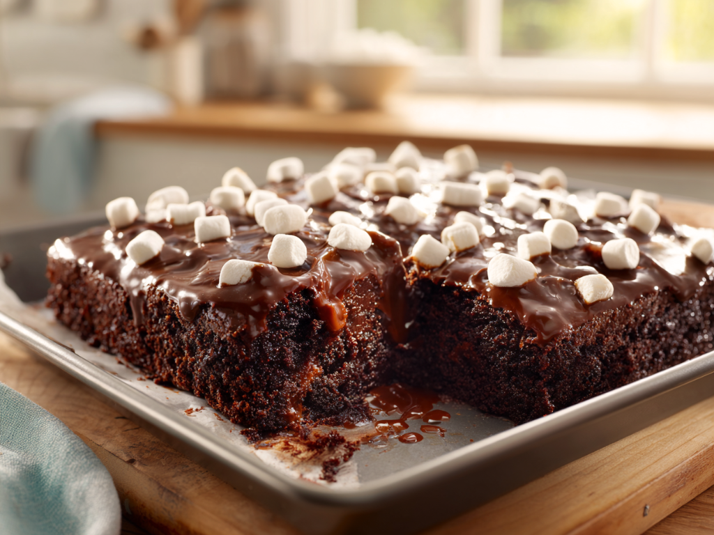 Southern Coca Cola cake with fudge frosting and melted mini marshmallows in a baking pan