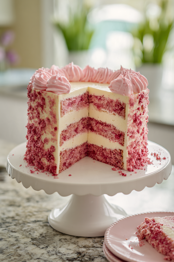 Pinterest pin of an easy strawberry crunch cake recipe with freeze-dried strawberry coating