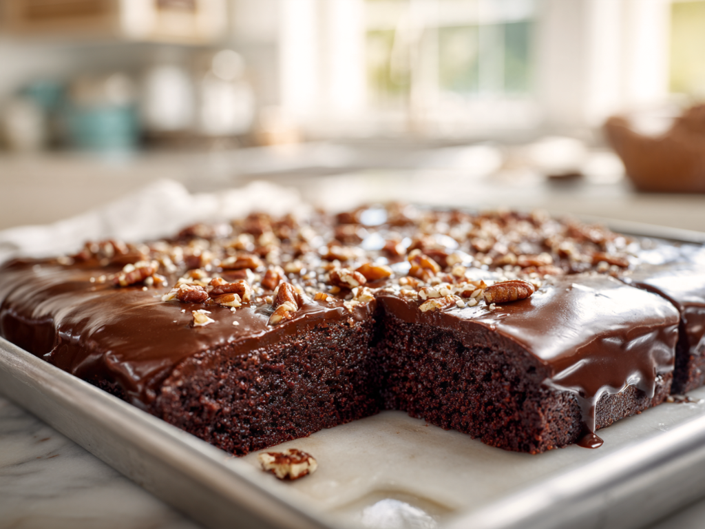 Texas sheet cake with glossy chocolate fudge frosting and chopped pecans in a metal baking pan