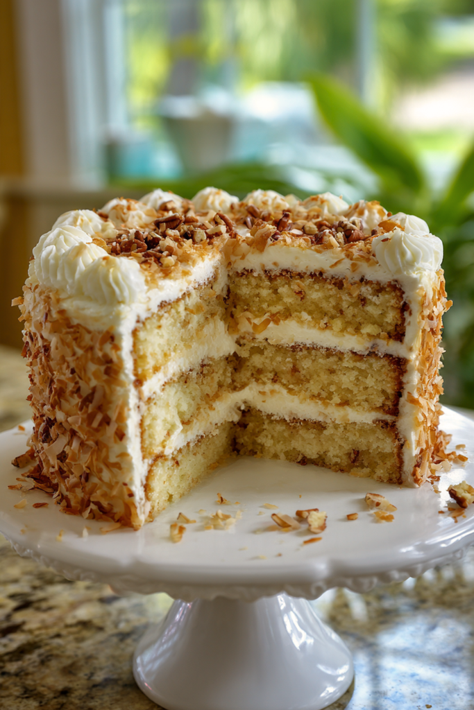 Pinterest pin of an easy Italian cream cake recipe with coconut, pecans and cream cheese frosting