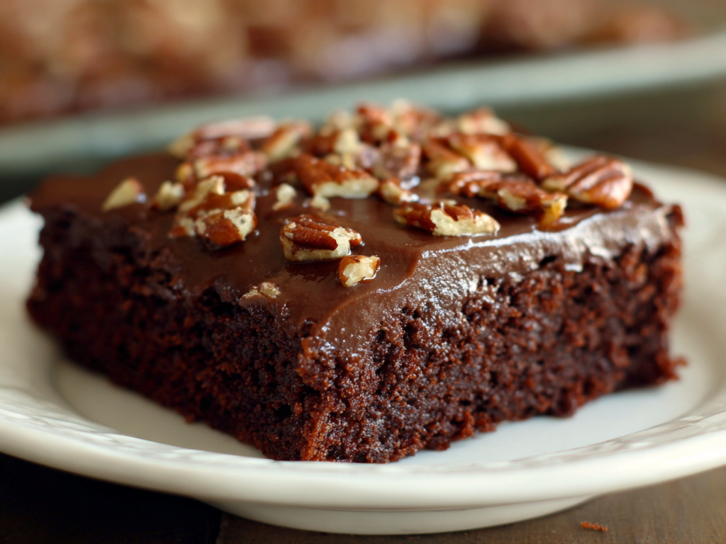Square of Texas sheet cake showing fudgy chocolate cake with glossy frosting and pecans
