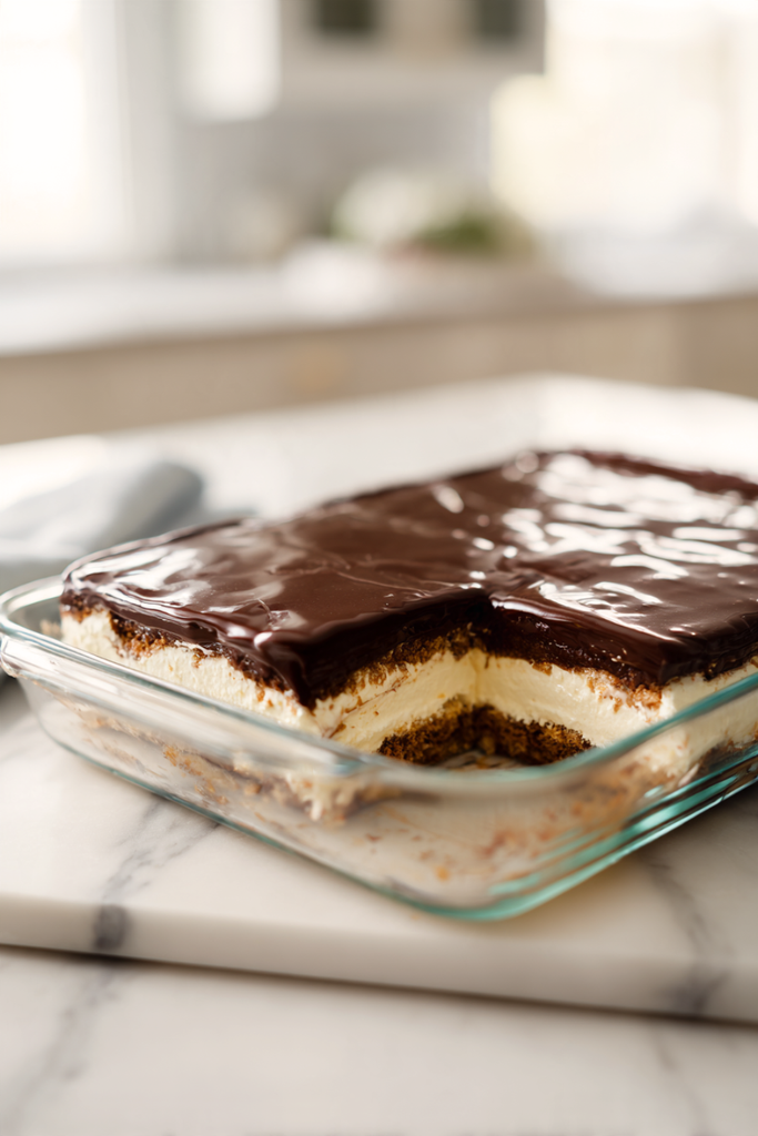 Pinterest pin of an easy no-bake chocolate eclair cake recipe with homemade vanilla custard
