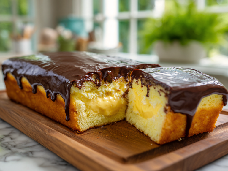 Boston cream poke cake with vanilla custard and glossy chocolate ganache in a baking dish