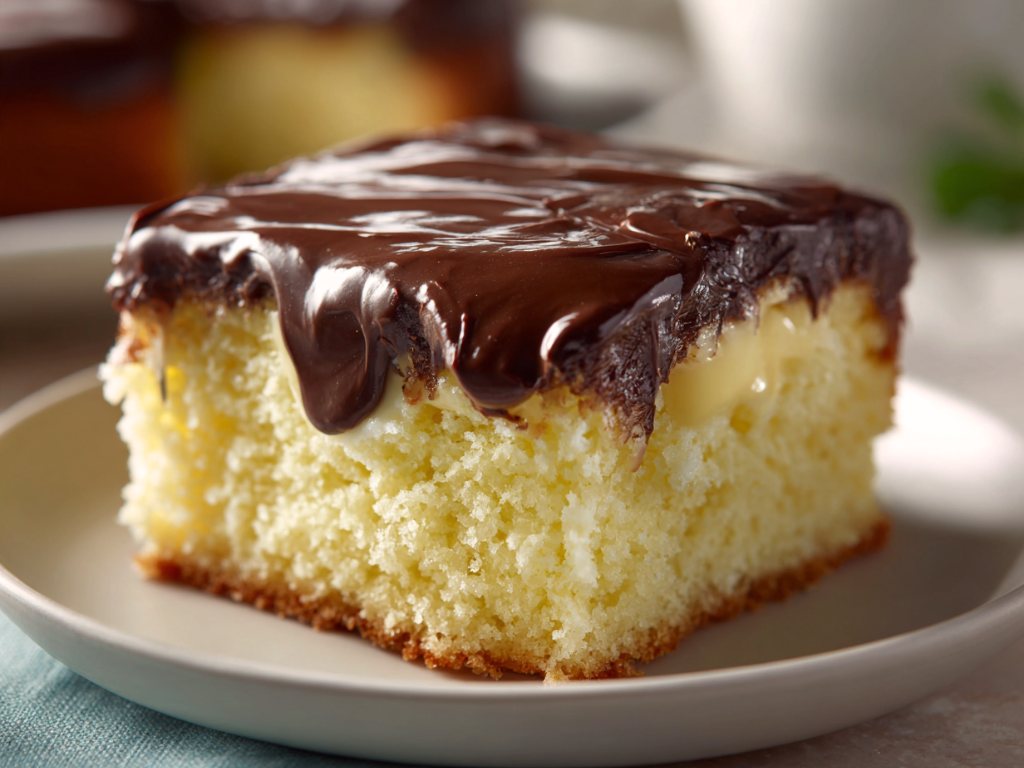 Slice of Boston cream poke cake showing custard-filled cake under shiny chocolate ganache