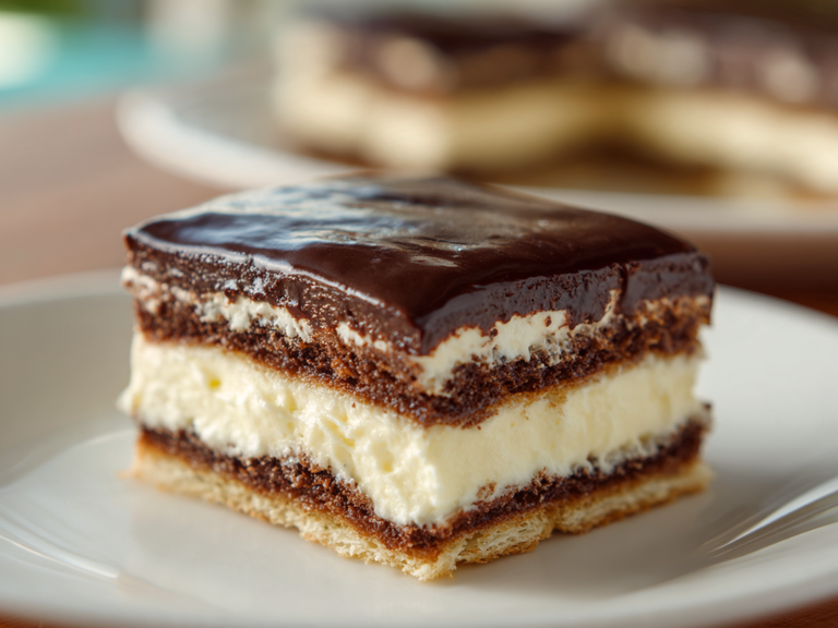 Slice of chocolate eclair cake showing creamy custard layers under a glossy chocolate topping