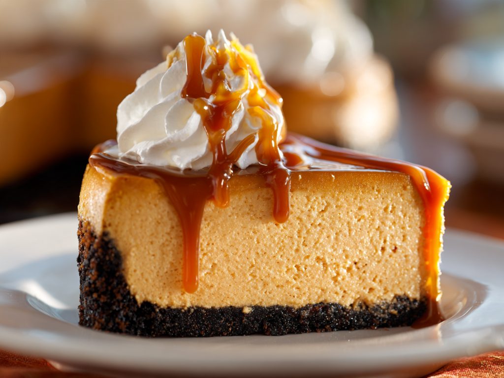 Slice of pumpkin cheesecake showing the silky filling and crunchy gingersnap crust