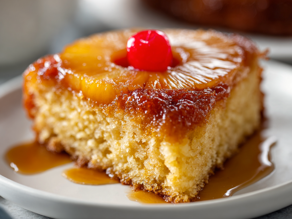 Slice of pineapple upside down cake showing moist golden crumb and caramelized pineapple
