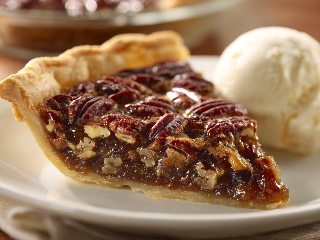 Slice of pecan pie showing the gooey caramel filling and flaky crust