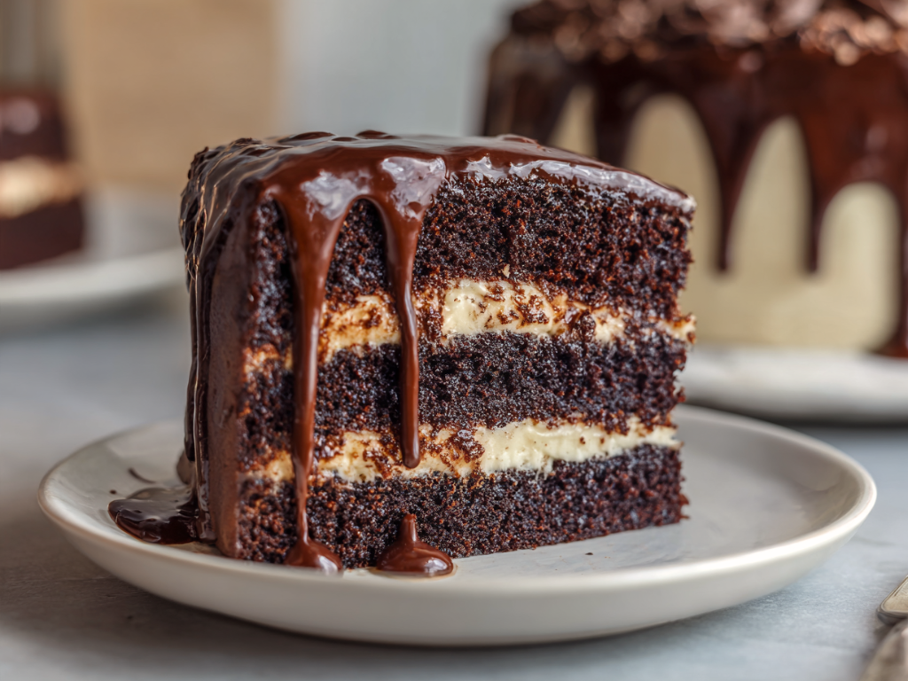 Slice of moist chocolate drip cake showing three layers of chocolate sponge and buttercream