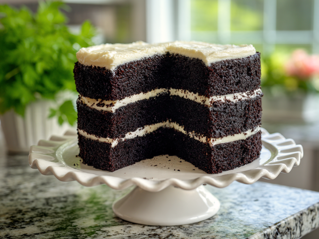 Black velvet cake with jet-black layers and cream cheese frosting on a white scalloped cake stand