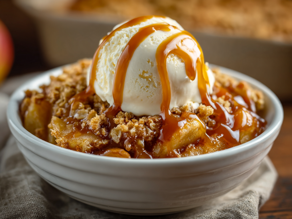 Bowl of warm caramel apple crisp with vanilla ice cream and salted caramel sauce