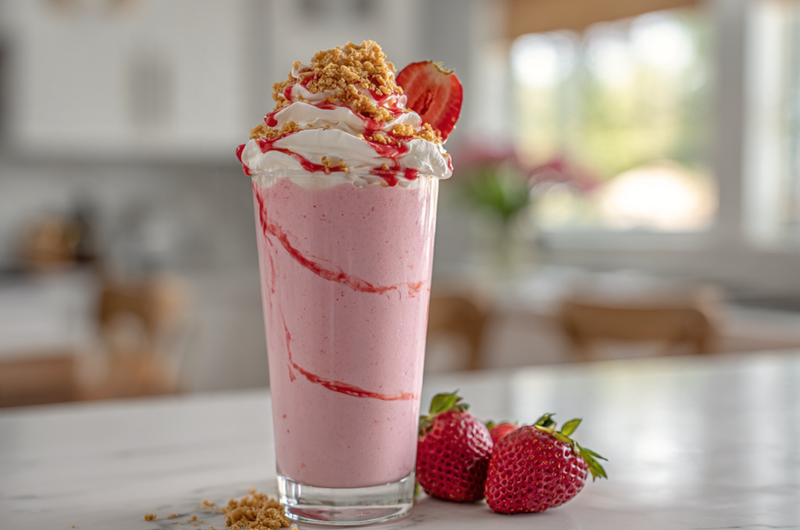 Strawberry cheesecake smoothie in a tall glass with whipped cream and graham cracker crumbs