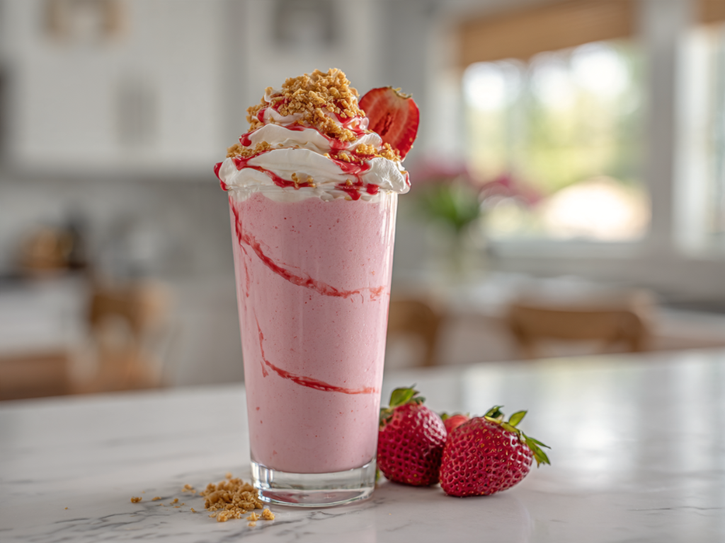 Strawberry cheesecake smoothie in a tall glass with whipped cream and graham cracker crumbs