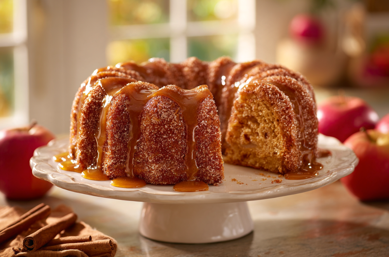 Apple cider donut bundt cake with cinnamon sugar crust and caramel glaze on a white cake stand