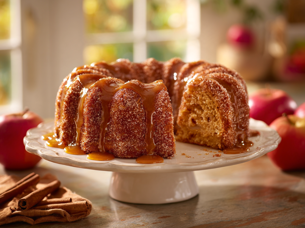 Apple cider donut bundt cake with cinnamon sugar crust and caramel glaze on a white cake stand