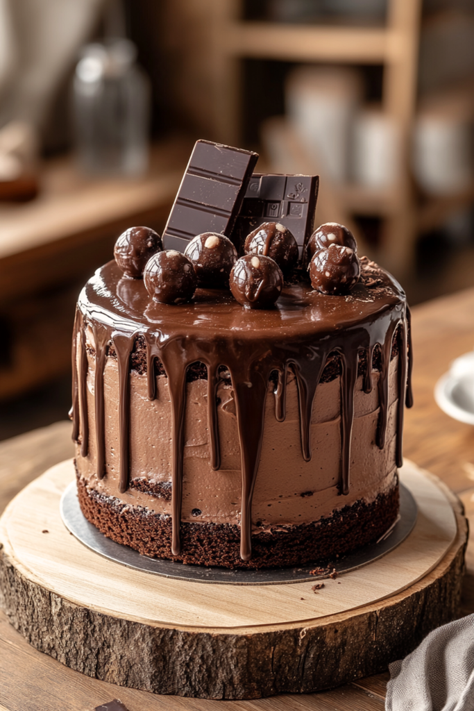 Pinterest pin of an easy chocolate overload drip cake with ganache drip and chocolate truffles