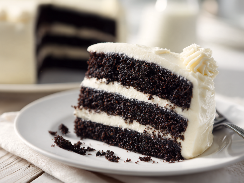 Slice of black velvet cake showing the moist black crumb and thick cream cheese frosting