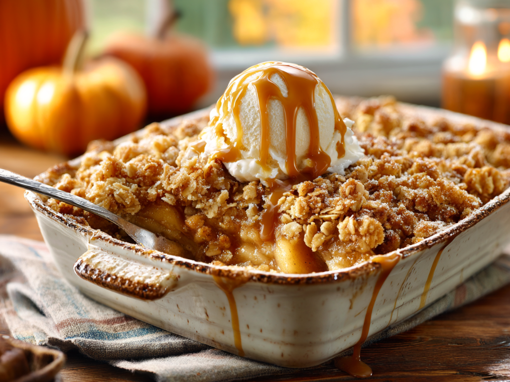 Caramel apple crisp with golden oat crumble, caramel drizzle and melting vanilla ice cream in a baking dish