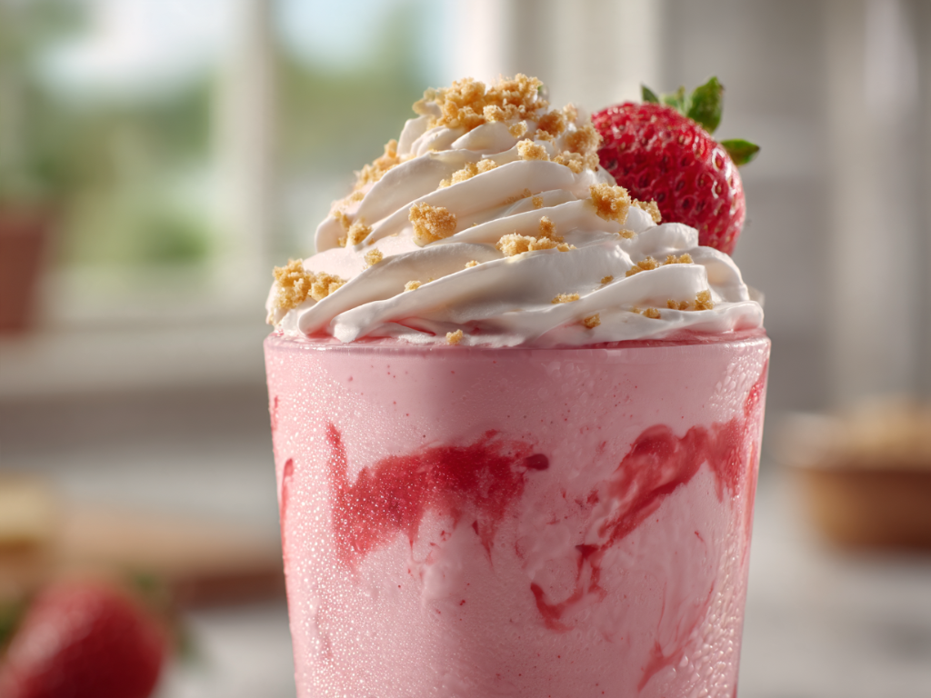 Close-up of a creamy strawberry cheesecake smoothie with strawberry sauce swirls and whipped cream