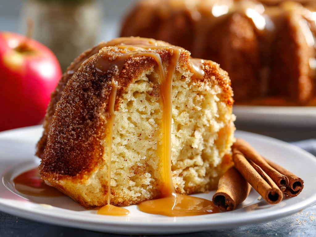Slice of apple cider donut cake showing the cinnamon sugar crust and moist spiced crumb