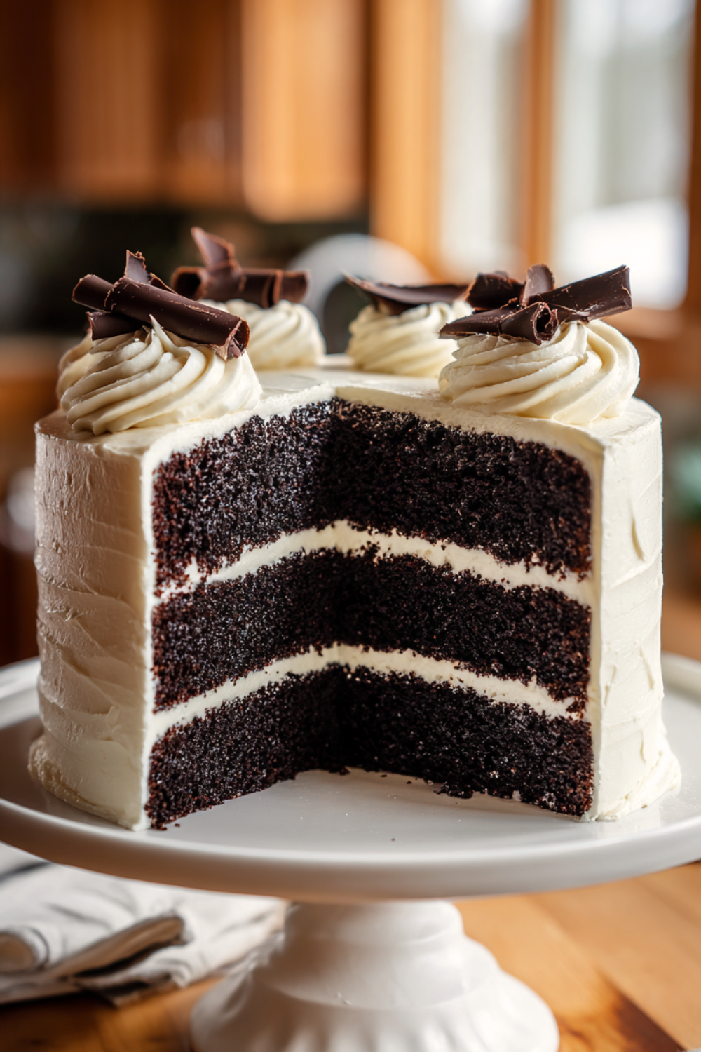 Black velvet cake with jet-black layers and cream cheese frosting on a white scalloped cake stand