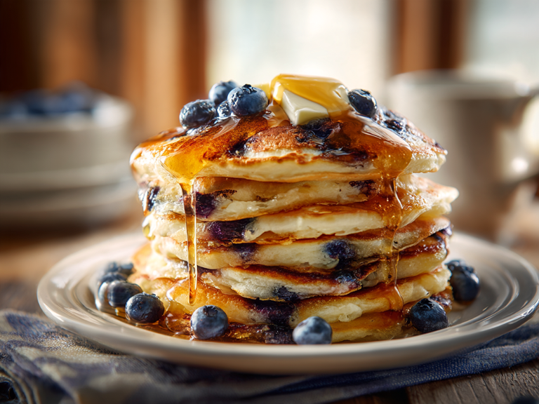 Stack of fluffy blueberry pancakes with melting butter and maple syrup on a white plate
