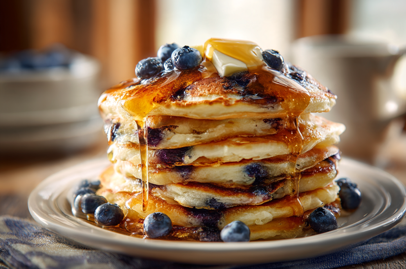 Stack of fluffy blueberry pancakes with melting butter and maple syrup on a white plate