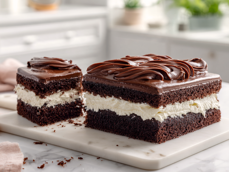 Homemade ding dong cake with chocolate layers, thick cream filling and glossy ganache on a marble board