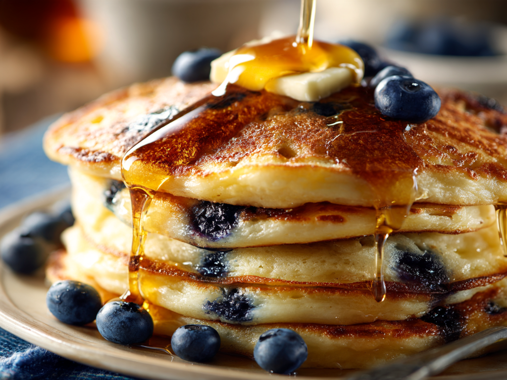 Close-up of fluffy blueberry pancakes with melting butter and maple syrup