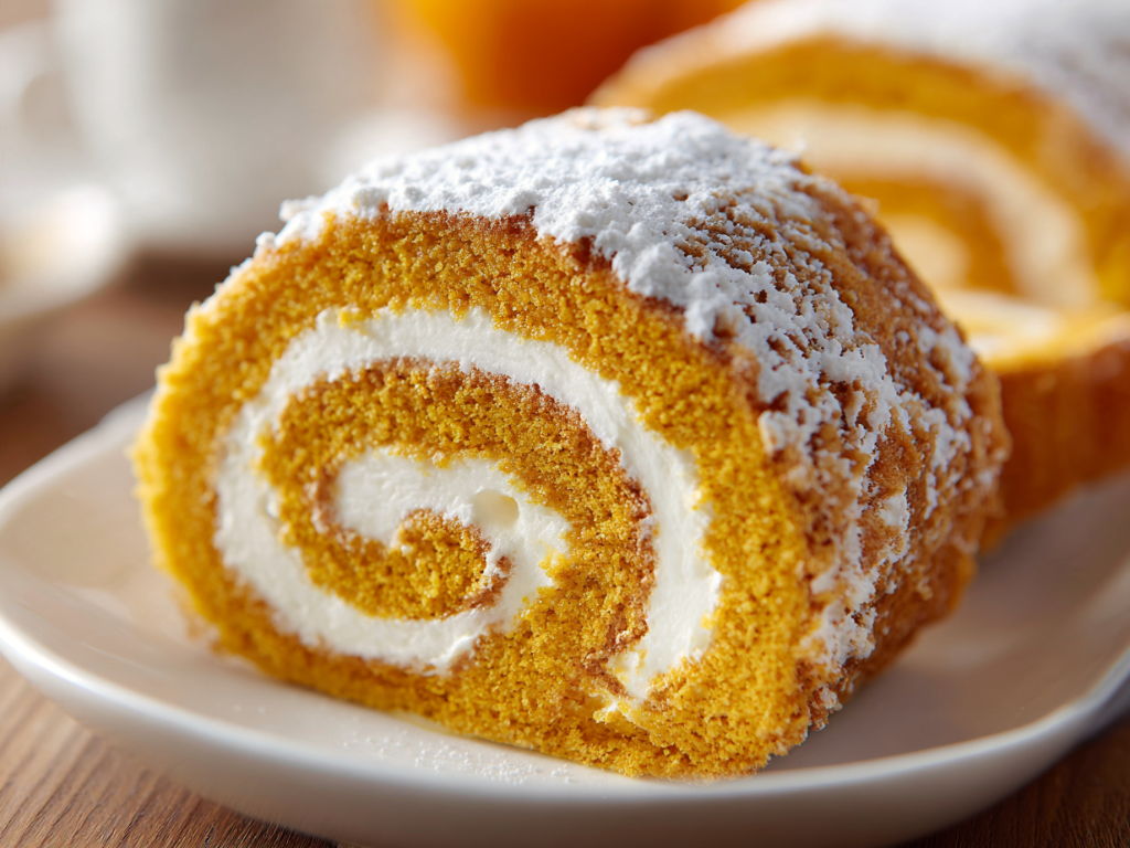 Slice of pumpkin roll showing the spiral of pumpkin cake and cream cheese filling
