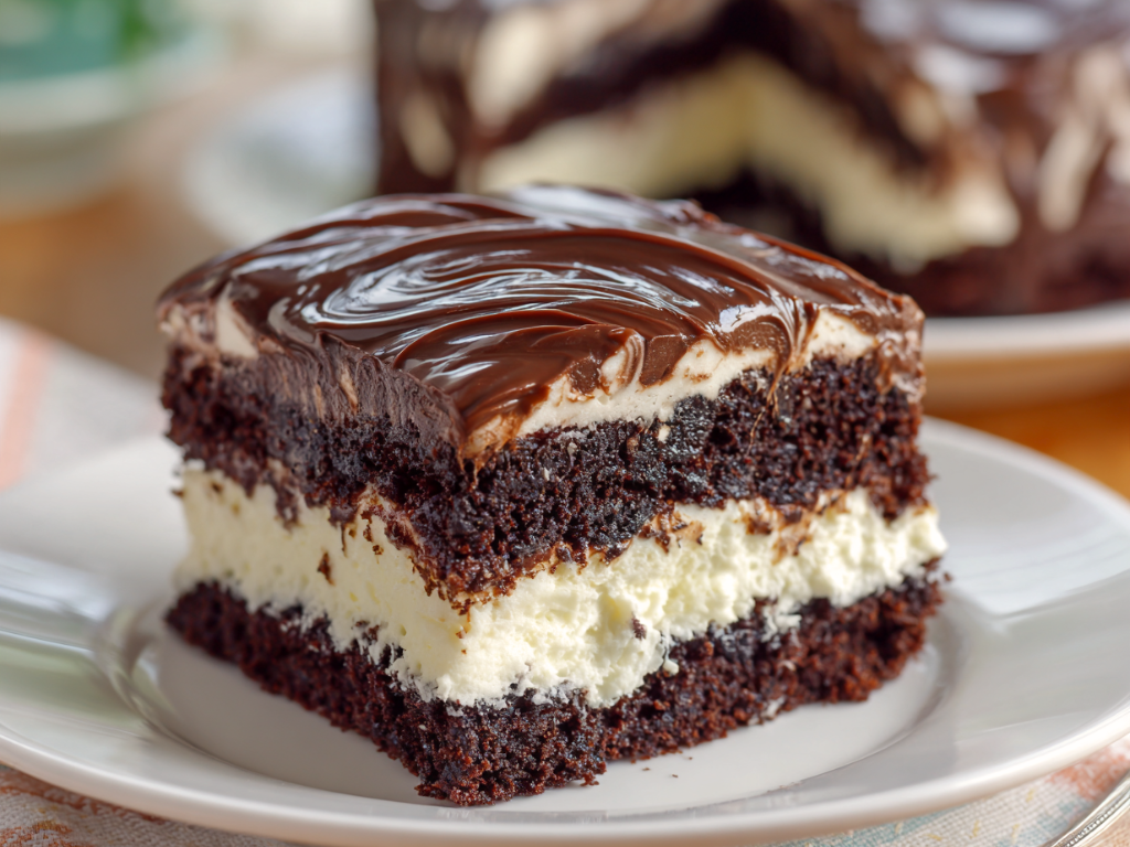 Slice of ding dong cake showing the fluffy cream filling between moist chocolate layers