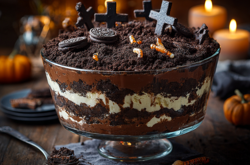 Graveyard dirt cake with chocolate pudding layers, cookie crumb dirt, gummy worms and cookie tombstones