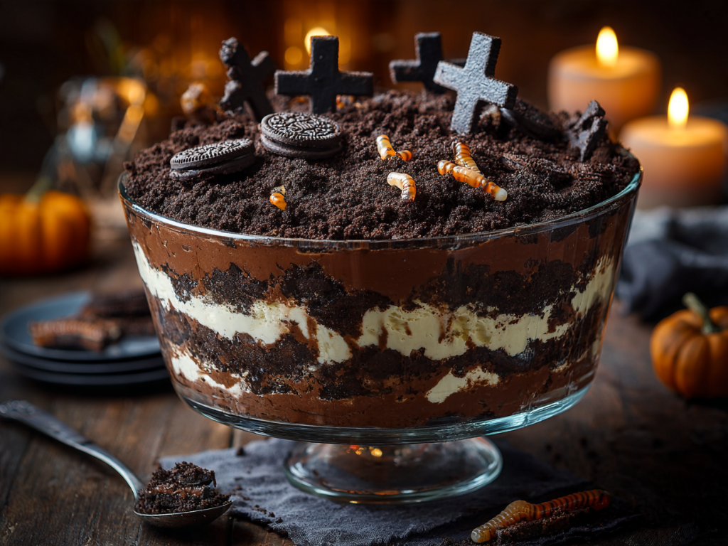 Graveyard dirt cake with chocolate pudding layers, cookie crumb dirt, gummy worms and cookie tombstones