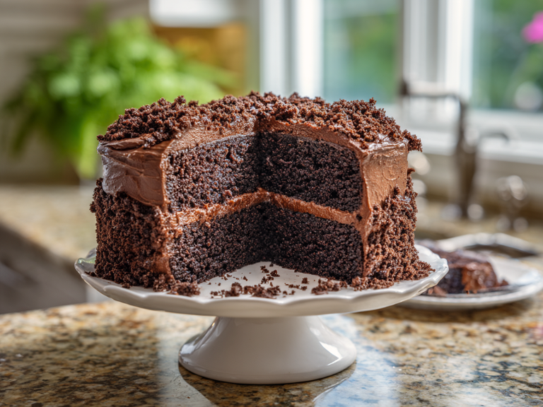 Three-layer chocolate blackout cake with pudding filling and chocolate cake crumbs on a white cake stand
