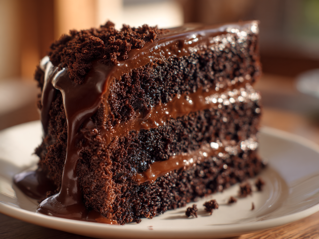 Slice of chocolate blackout cake showing layers of chocolate sponge and creamy chocolate pudding