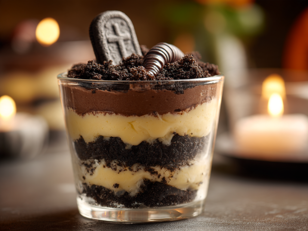 Close-up of a dirt cake cup showing chocolate pudding layers, cookie dirt and a gummy worm