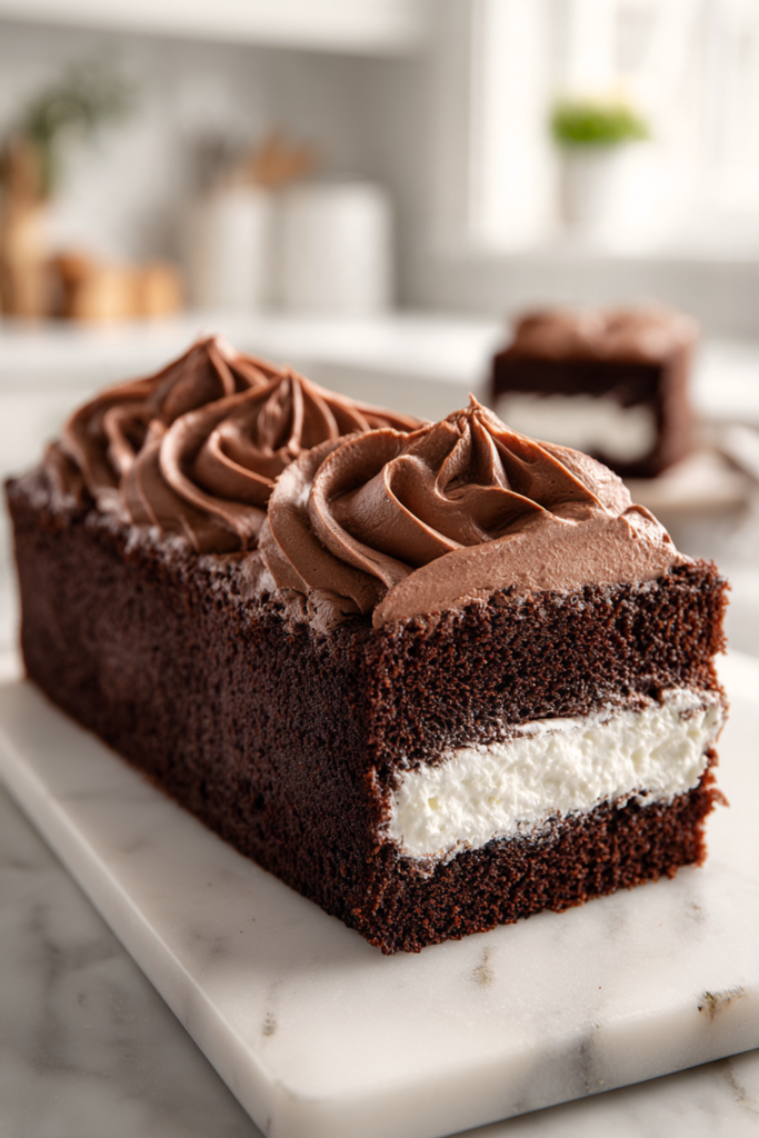 Pinterest pin of a homemade ding dong cake recipe with cream filling and chocolate ganache