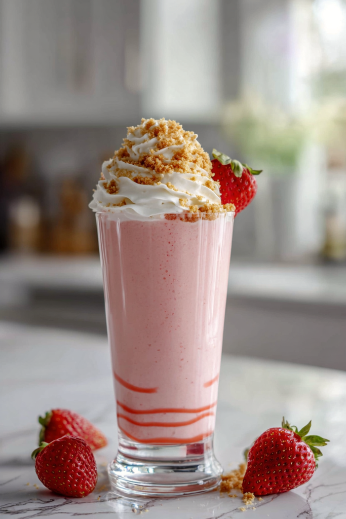 Pinterest pin of an easy strawberry cheesecake smoothie recipe in two tall glasses