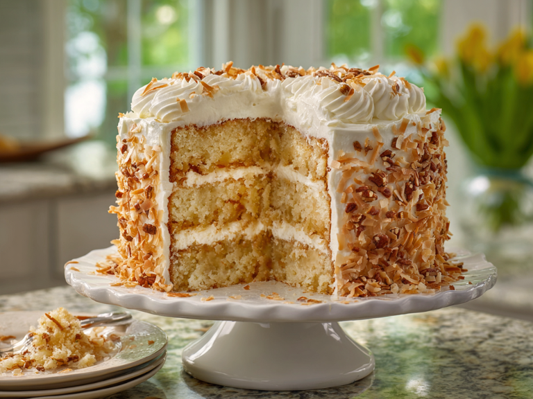 Italian cream cake with coconut, pecans and cream cheese frosting on a white scalloped cake stand