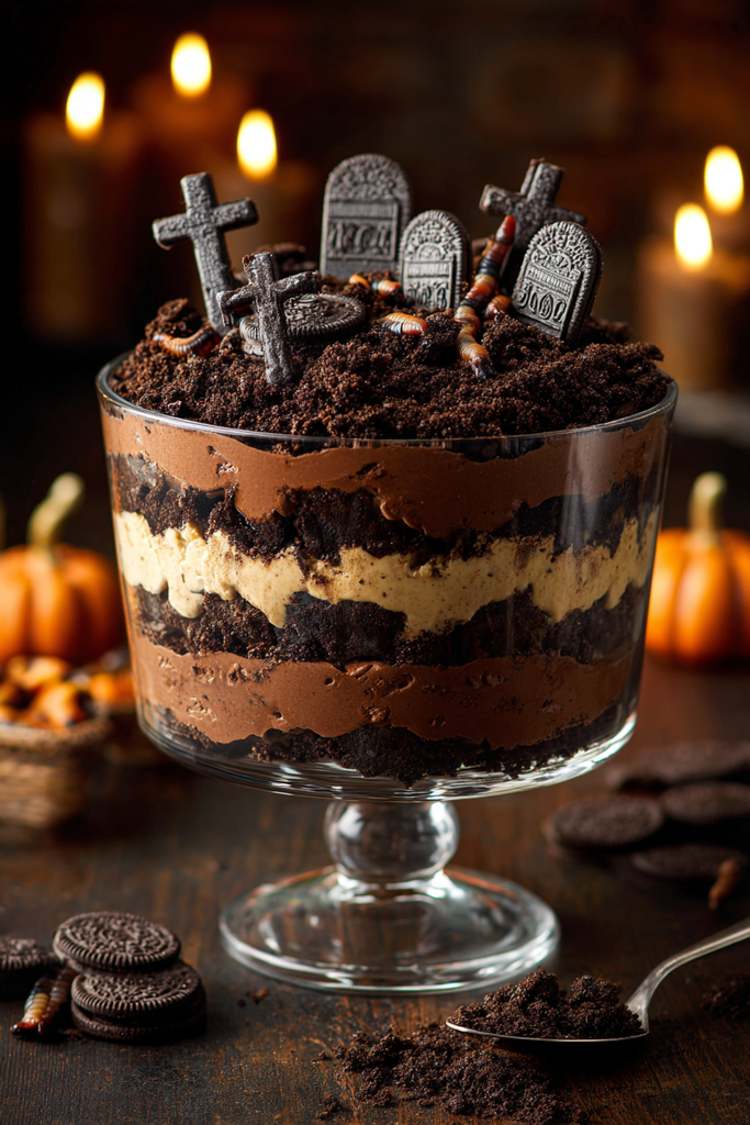 Pinterest pin of an easy graveyard dirt cake recipe, a no-bake Halloween dessert with gummy worms